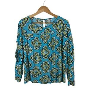 Crown & Ivy Floral Medallion Print Blouse Medium Blue Multi Peasant Boho Coastal